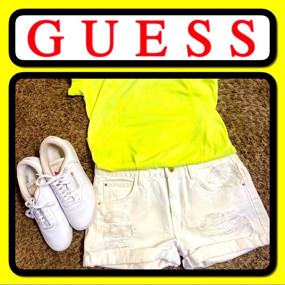While Distressed GUESS Brand Denim Shorts